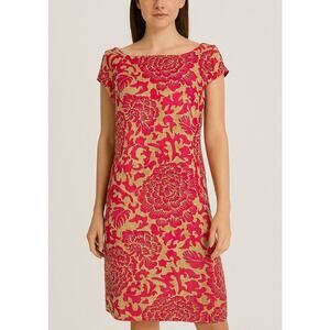 Women's Eliza J New York Beige Red Linen Fully Lined V Back Aloha Dress SZ 8